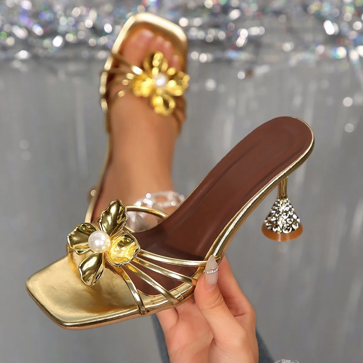 Vintage Fashion Ladies - Vintage Metal Çiçek Kristal Koni Topuklu