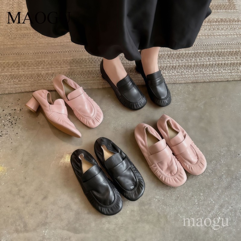 Vintage Fashion Ladies - Yumuşak Deri Loafer'lar Kadın Pileli Yuvarlak